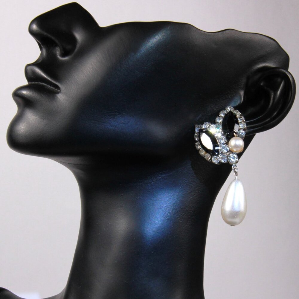 Vintage Silver-Tone Black & Clear Rhinestone Imitation Pearl Drop Earrings - Picture 2 of 8